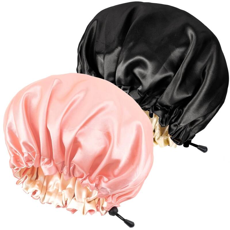 Ranphykx 2 Stücke Seidenhaube Satin SchlafmüTze,Einstellbare Doppelseitige SchlafmüTze,Haube MüTze FüR Schlaf (1 Black+ 1 Purple)