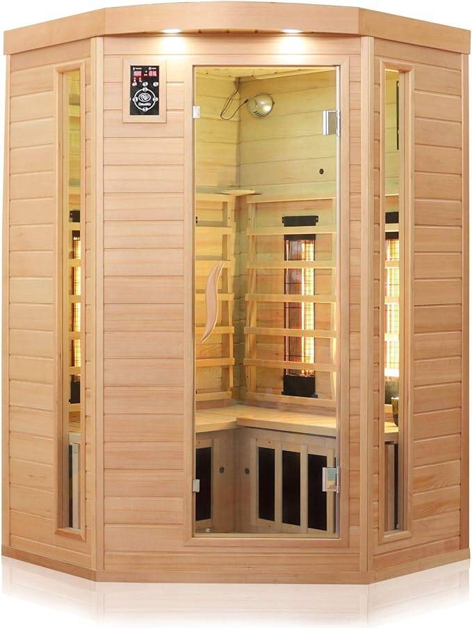 Dewello® Infrarotkabine Infrarotsauna LAKEFIELD 3 140cm x 140cm für 2-3 Personen aus Hemlock Holz mit Vollspektrumstrahler, LED-Farblicht, Bluetooth, FM,MP3,USB Diese Infrarotkabine in dem Maß 140x140 cm bietet Platz für 2 - 3 Person und ist aus kanadisch