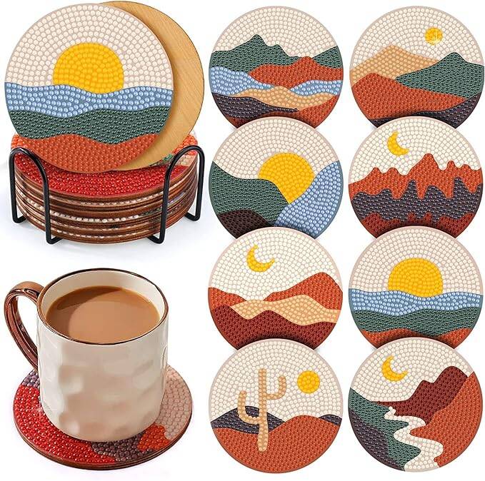 YAOYIN Diamond Painting Untersetzer, 8er Set DIY Diamond Painting Erwachsene Untersetzer mit Halter, 5D Diamond Painting Kinder Art Szenerie,Kerzen Untersetzer Rund Gebirge für Gläser Weingläser Vasen