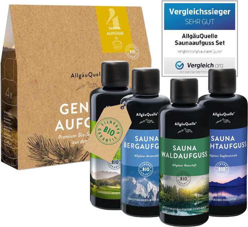 AllgäuQuelle® Saunaaufguss Set Bio 4er Sauna Zubehör 4x100ml Sauna Aufguss