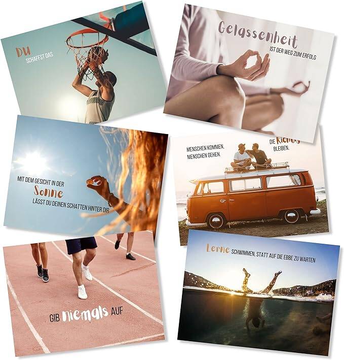 Postkarten Set (32 Stück) hochwertig - Motivationskarten, Grußkarten mit motivierenden Sprüchen und Lebensweisheiten - Gefühlskarten zur Motivation - ideal als Postkarte oder Karten als Geschenk ZUM NACHDENKEN - Karten mit Sprüchen zur Motivation für jede