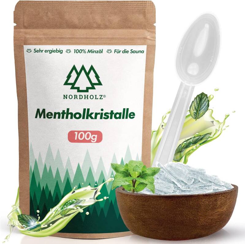 NORDHOLZ® Mentholkristalle [100gr] für Sauna in Premium Qualität aus 100% Minzöl - Befreit die Atemwege und sorgt für natürlich intensiven Duft in der Sauna - Menthol Kristalle Sauna Zubehör (100g)