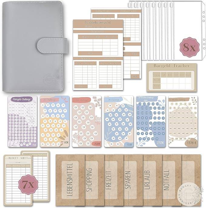 Beginner-Budget® - Budget Planner Deutsch | Bugetplaner Deutsch Startset mit Sparchallenge | Budget Planner | Sparen mit Umschlagmethode,Budget Binder A6 (Grau) + Anleitung für Anfänger