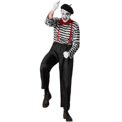 Clown-Kostüm Herrenkostüm Klassischer Pantomime Sechsteiliges Outfit im klassischen Pantomime-Stil Lange, schwarze Hose mit Gummizug Weiße Handschuhe und rote Hosenträger Langarm-Shirt mit schwarz-weißen Querstreifen Rotes Halstuch mit Mustern und schwarz