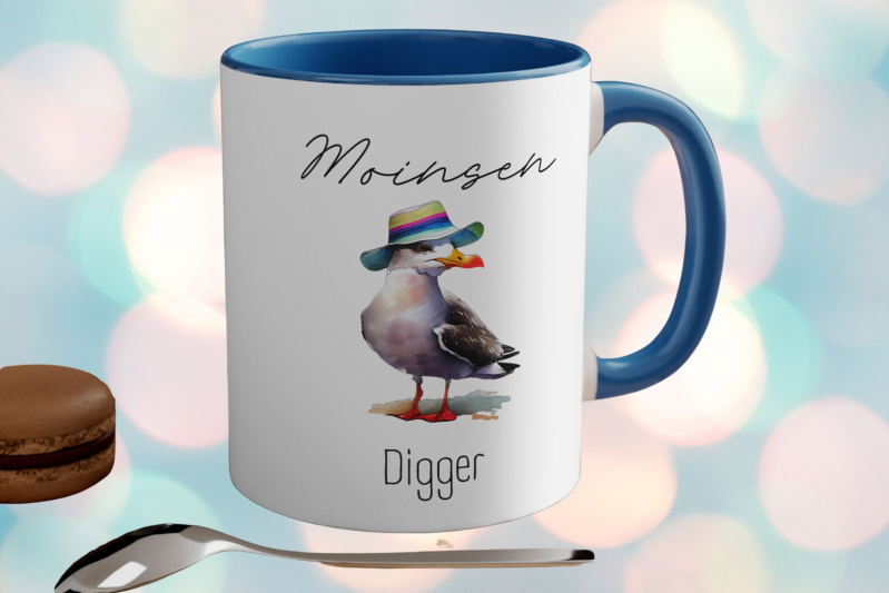 Moinsen Digger lustiger Kaffeebecher | Moinsen Möwen Becher | Hamburger Möwe | Digger Kaffeebecher zweifarbig |