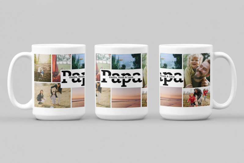 Personalisierte Fotocollage-Tasse Familie Bilder Papa mit Namen Groß 445ml Fassungsvermögen Geschenk für Vater Verschenke besonderen Moment der Erinnerung. Diese Keramiktasse bietet Platz für 445 ml und ist ideal, um Ihre schönsten Familienmomente festzuh