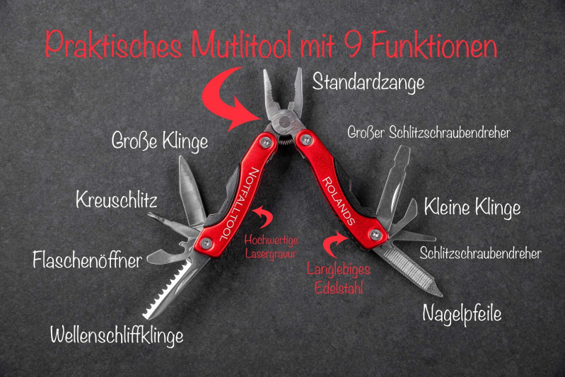 Edelstahl Multitool mit Namen personalisiert Mit diesem Multitool hast du jederzeit 9 verschiedene Werkzeuge dabei. Egal ob für den Heimwerker, den Outdoorfan, dem Papa oder dem Opa. Dieses individuelle Geschenk wird sicherlich gut beim Beschenkten oder b