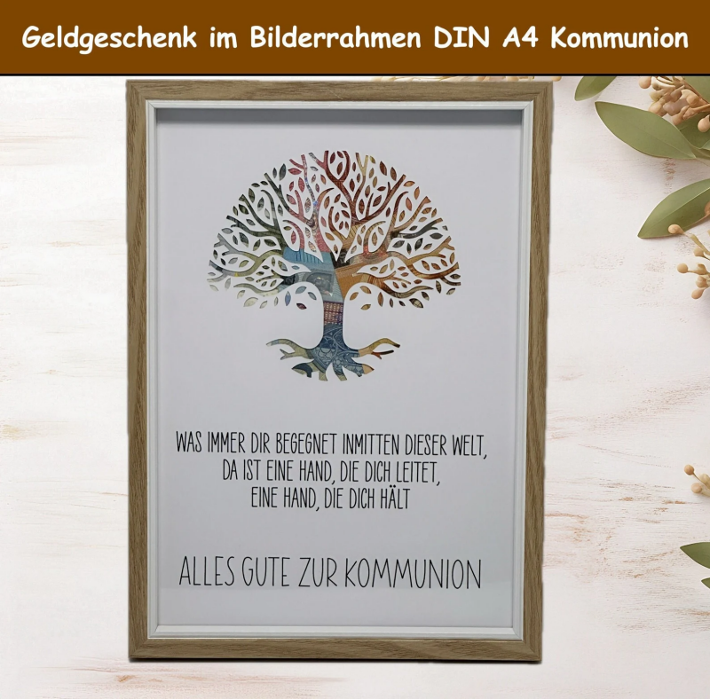 Handgemachtes Geldgeschenk im Bilderrahmen zur Kommunion oder Erstkommunion mit Lebensbaum und Spruch als Patengeschenk Dieses handgemachte Geldgeschenk zur Kommunion ist eine wunderschöne und persönliche Geschenkidee für den besonderen Anlass.  In einem 