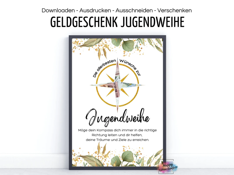 Geldgeschenk zur Jugendweihe "Kompass" I Last-Minute Idee Geld kreativ verschenken I A4 I Digitaler PDF Download zum Ausdrucken Bist du auf der Suche nach einem kreativen und persönlichen Geldgeschenk zur Jugendweihe, das über den traditionellen langweili