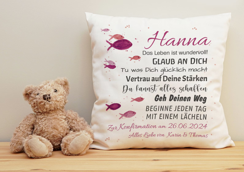 Kissen mit Name Geschenk Konfirmation PINK | Kommunion | Taufe | Jugendweihe personalisiert Spruch Wünsche Fische individuell Geschenkidee 𝐅𝐑𝐄𝐔𝐃𝐄 𝐕𝐄𝐑𝐒𝐂𝐇𝐄𝐍𝐊𝐄𝐍: Unsere weichen Kuschelkissen werden individuell mit Name bedruckt und sind eine tolle Geschenkid