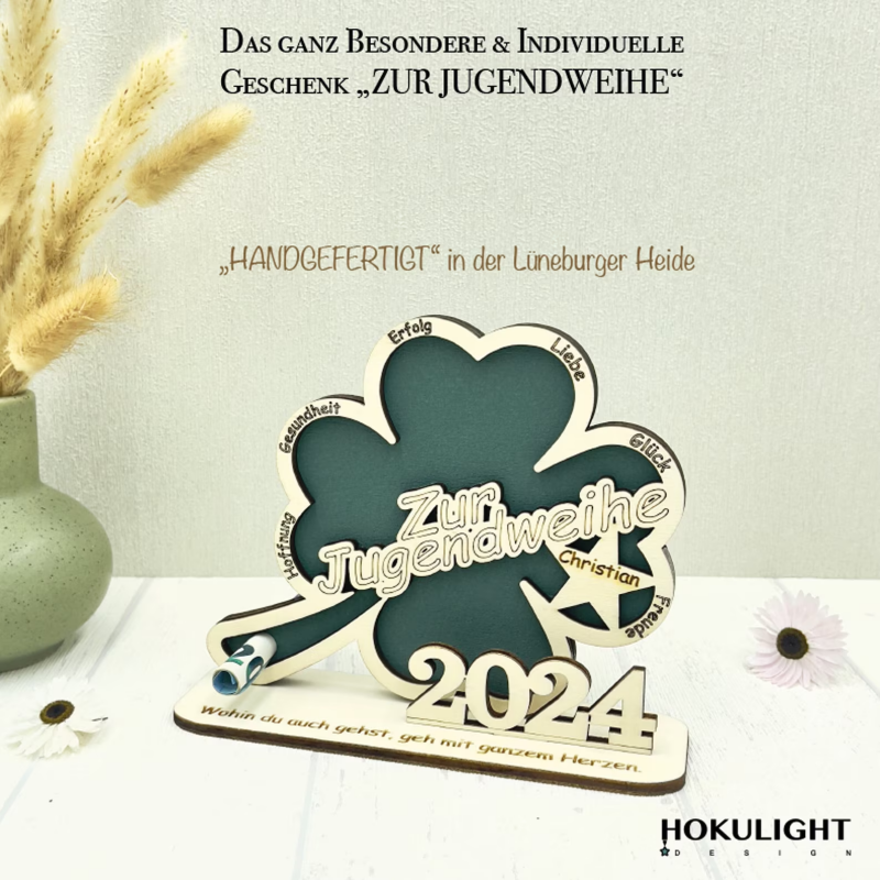 Personalisiertes Geldgeschenk zur Jugendweihe aus Holz - Individuelle Geschenkidee für den besonderen Tag Suchst Du nach einer einzigartigen Geschenkidee zur Jugendweihe? Unser Kleeblatt aus Holz ist perfekt für diesen besonderen Anlass und wird nicht nur