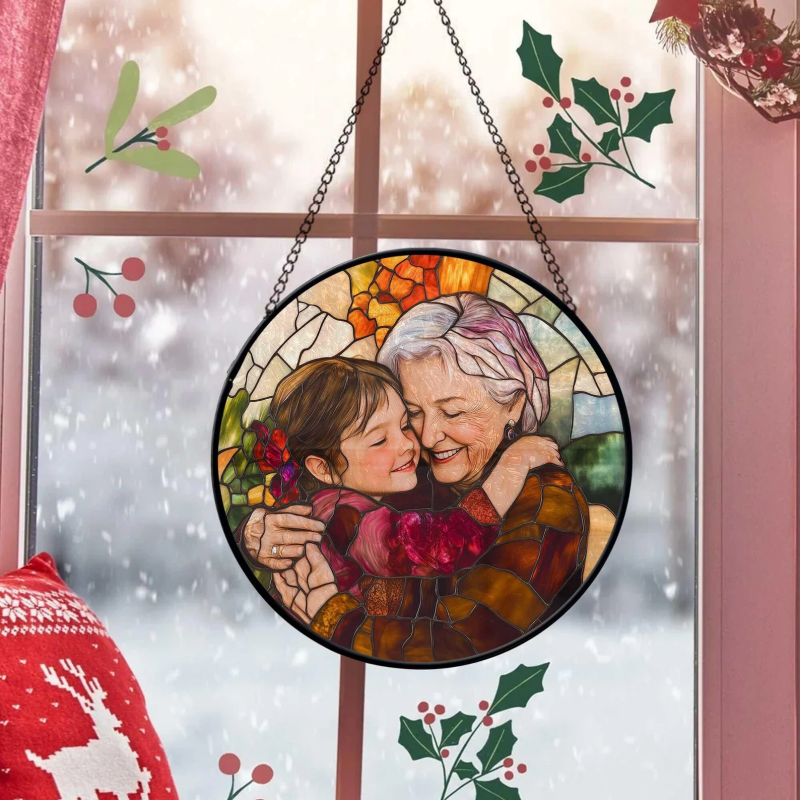 Personalisierte Oma und Enkelkinder Porträt Faux Buntglas, Benutzerdefinierte Foto Familie Fenster hängende Verzierung, Weihnachtsgeschenk für Mama, Oma