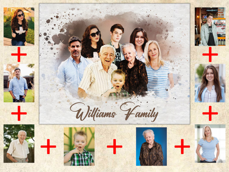 Familienportrait // All Family in One Foto, Aquarell Portrait von mehreren Fotos // Vater und Mutter Geschenkidee