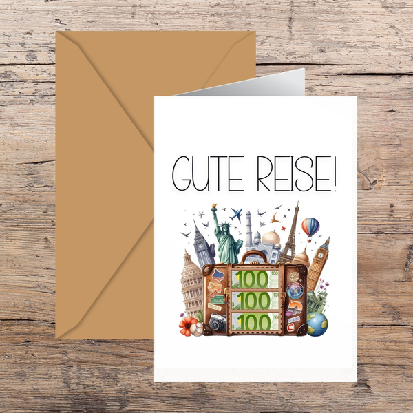 Gute Reise DIY Klappkarte Geldgeschenk | Reisekasse Grusskarte zum Ausdrucken 14,8 cm x 21 cm | Karte selber basteln | Geburtstagswünsche Geburtstagskarte Last-Minute-Geschenk Sofort-Download pdf-Datei