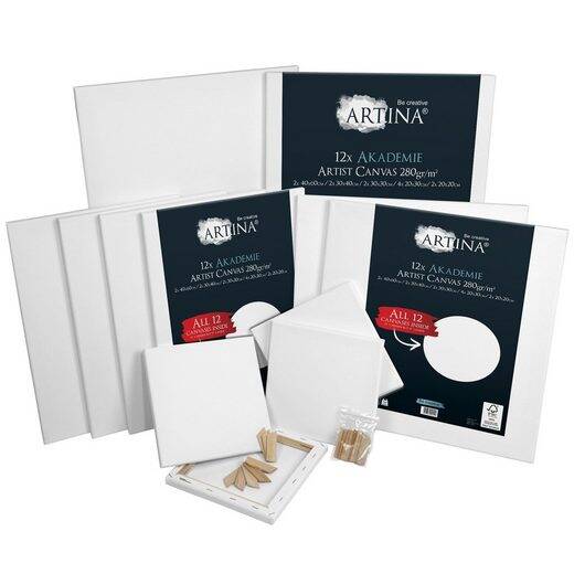 Leinwand Akademie Keilrahmen 12er Set  Weiße Leinwand in Akademie Qualität Galerieheftung & gefaltet Grammatur: 280 g/m² 2-fach weiß vorgrundiert - säurefrei behandelt Spannkeile aus Holz zum Nachkeilen enthalten Artina Akademie 12er Keilrahmen Set   Die 