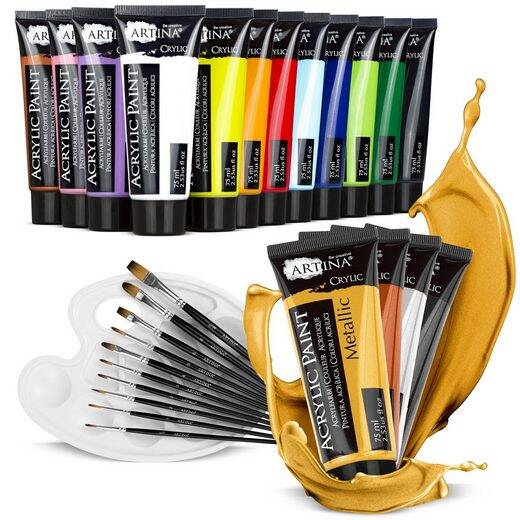 Kreativset Bergamo (27-tlg), 27tlg Malset mit 12 Acrylfarben, 4 Metallic Acrylfarben & Pinselset  inkl. 12 Acrylfarben & 4 Metallicfarben à 75ml wasserbasierte Acrylfarben mit samtweicher Konsistenz hoch pigmentiert für besonders lebendige & strahlende Ku