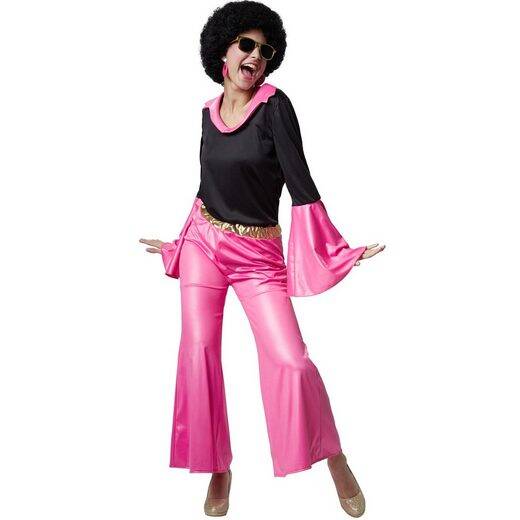 Hippie-Kostüm Frauenkostüm Disco Sternchen Zweiteiliges Disco-Outfit im Stil der 70er Schwarze Bluse mit Kragen und Trompetenärmeln in Pink Lange Hose mit Gummizug und goldenem Bund Ab Schritthöhe ausgestellte Beine Leicht und bequem zu tragen Das Frauenk