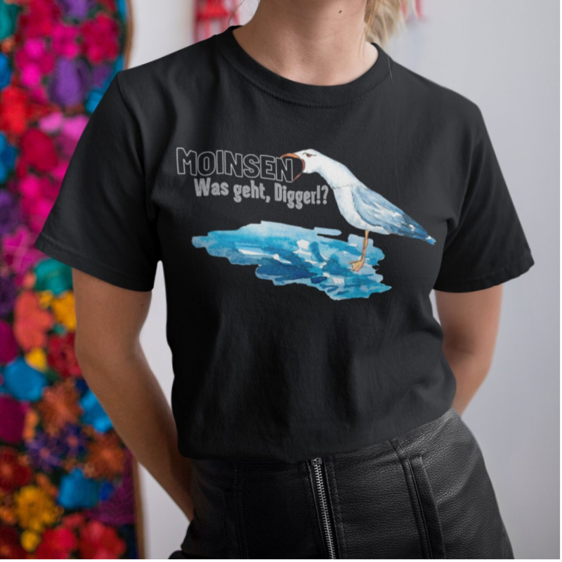 Moinsen Was geht, Digger!? T-Shirt | Moinsen Hamburg DesignT-Shirt | lustiges Möwen T-Shirt | Moin Moin Tee Shirt aus Hamburg| T-Shirt