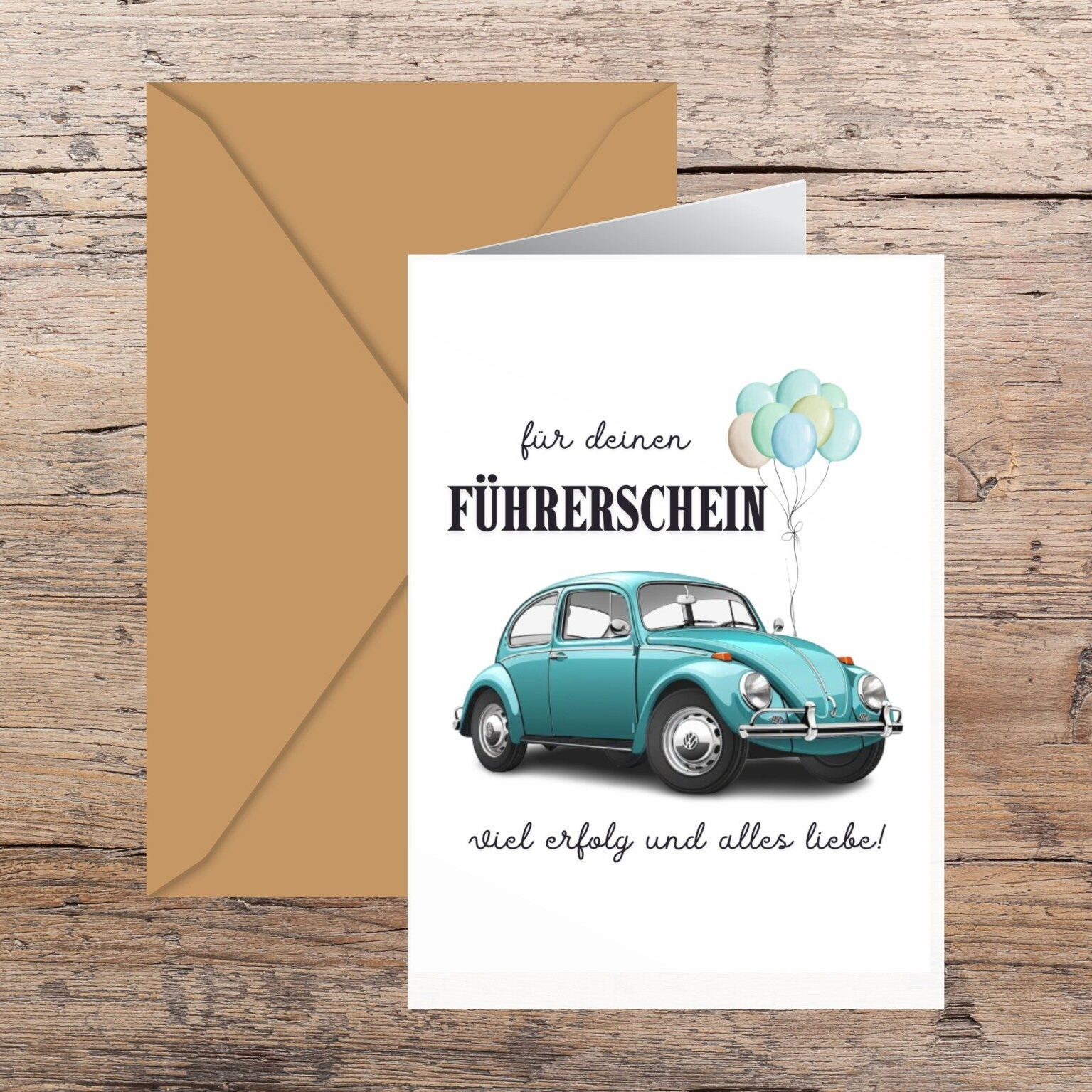 DIY Klappkarte Geldgeschenk Führerschein | VW Käfer  türkis | Geld für neues Auto | Grusskarte zum Ausdrucken 14,8 cm x 21 cm | Kreative Last-Minute-Geschenkidee | Geburtstagswünsche | Sofort-Download pdf-Datei