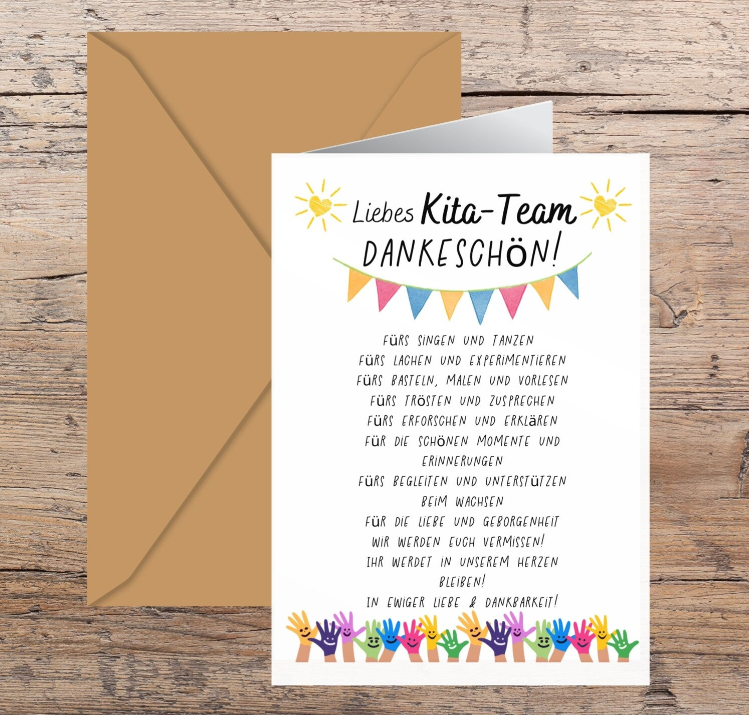 Klappkarte Kita-Abschiedsgeschenk Dankeschön-Geschenk | DIY Gusskarte zum Ausdrucken A6 14,8 cm x 21 cm | Kreative Last-Minute-Geschenkidee Kindergarten-Team | Druckvorlage Sofort-Download png-Datei