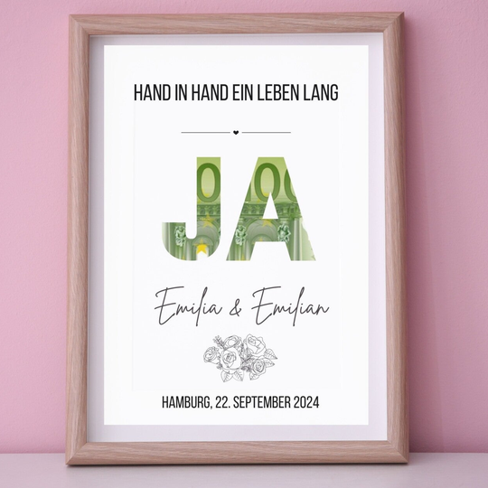 Geldgeschenk zur Hochzeit | JA! Personalisiertes Hochzeitsgeschenk für Brautpaar | Gastgeschenk Hochzeit | Hochzeitsgeschenke Poster A4