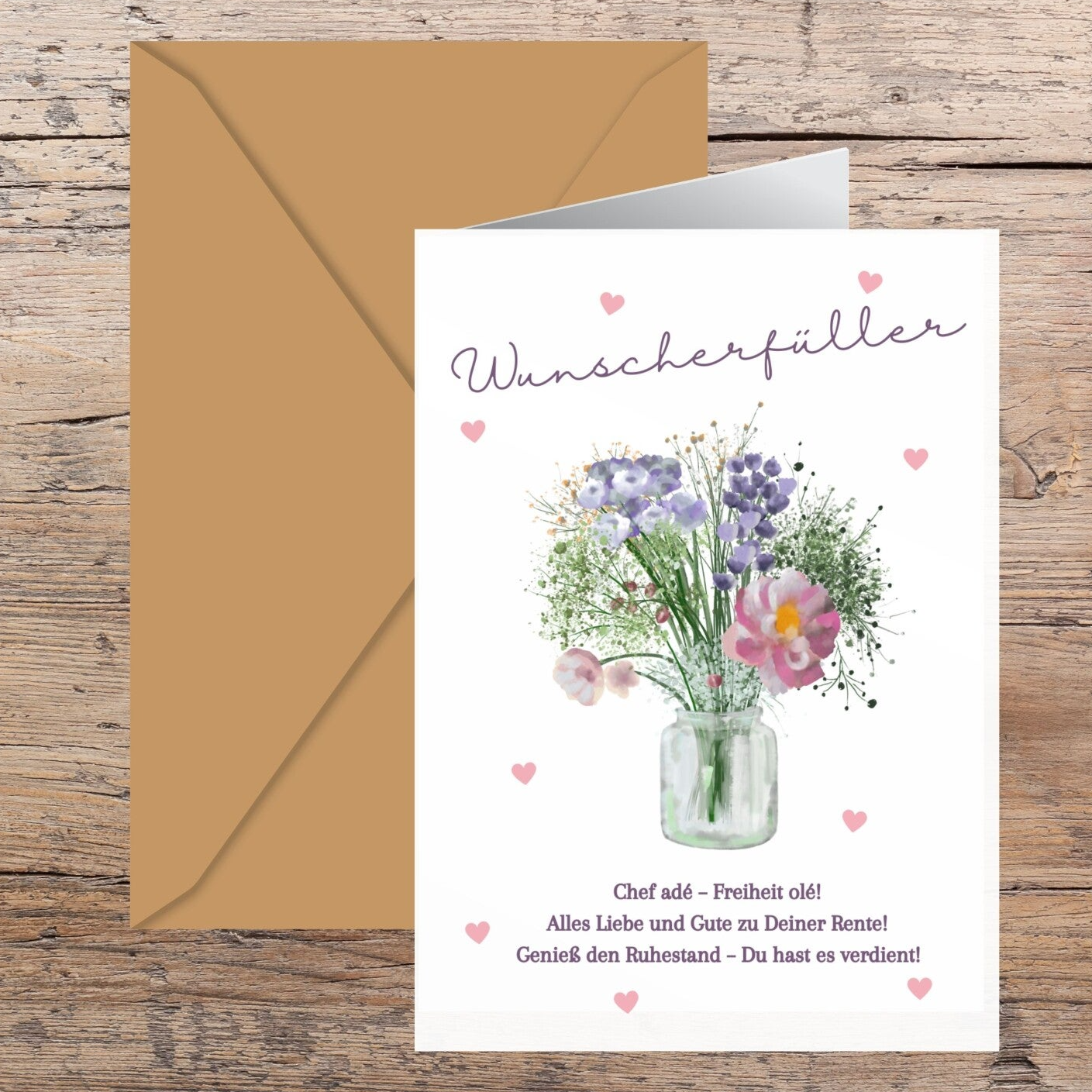 Wunscherfüller zur Rente Klappkarte | Blumen-Design DIY Geldgeschenk & Geburtstagskarte zum Ausdrucken A6 14,8 cm x 21 cm | Kreative Last-Minute-Geschenkidee | Geburtstagswünsche | Druckvorlage Sofort-Download png-Datei