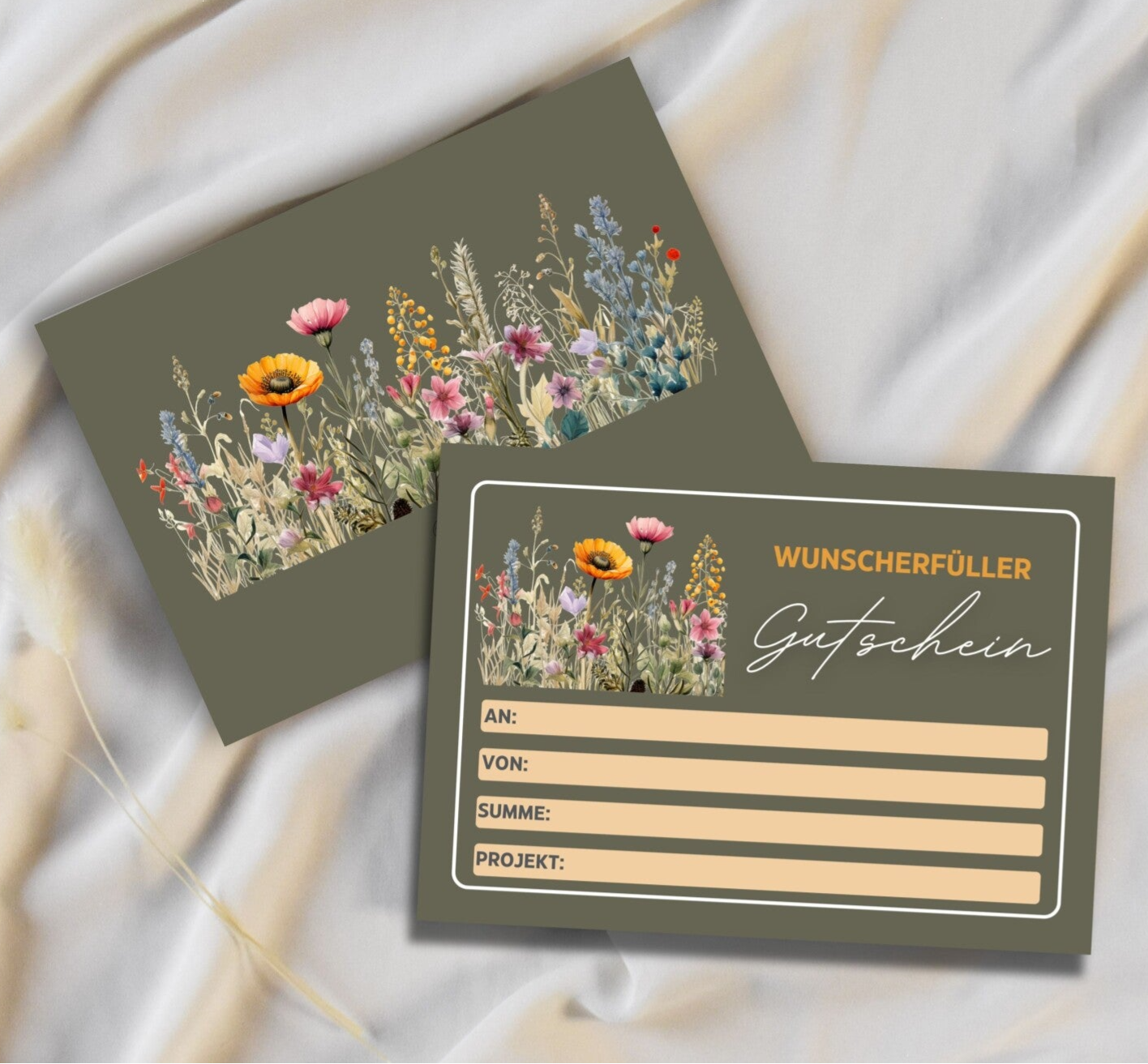 Gutschein für alle Anlässe Wunscherfüller | bunte Blumenwiese-Design A6 zum Ausdrucken 14,8 - 10,5 cm | DIY Gutscheinkarte selber basteln | Last-Minute-Geschenk zum Geburtstag | Vorlage Sofort-Download png-Datei