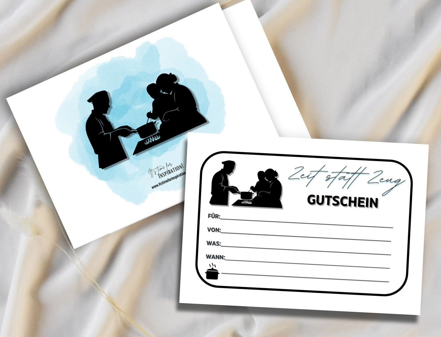 Zeit statt Zeug Gutschein für einen gemeinsamen Kochabend | A6 zum Ausdrucken 14,8 - 10,5 cm | DIY Gutscheinkarte selber basteln | Last-Minute-Geschenk für Freunde und Familie | Vorlage Sofort-Download png-Datei