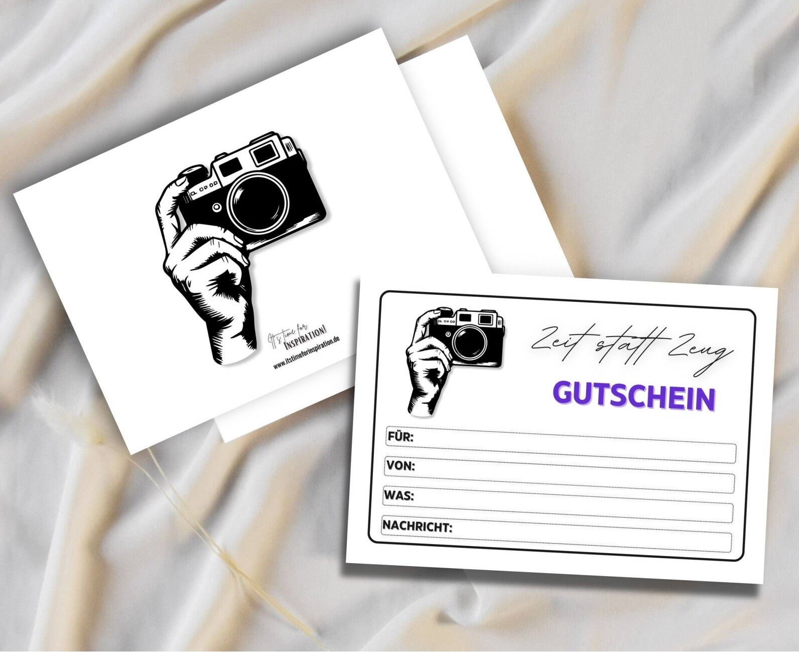 Zeit statt Zeug Gutschein für Fotoshooting | Kamera-Design A6 zum Ausdrucken 14,8 - 10,5 cm | DIY Gutscheinkarte selber basteln | Last-Minute-Geschenk für Frauen & Männer | Druckvorlage Sofort-Download png-Datei