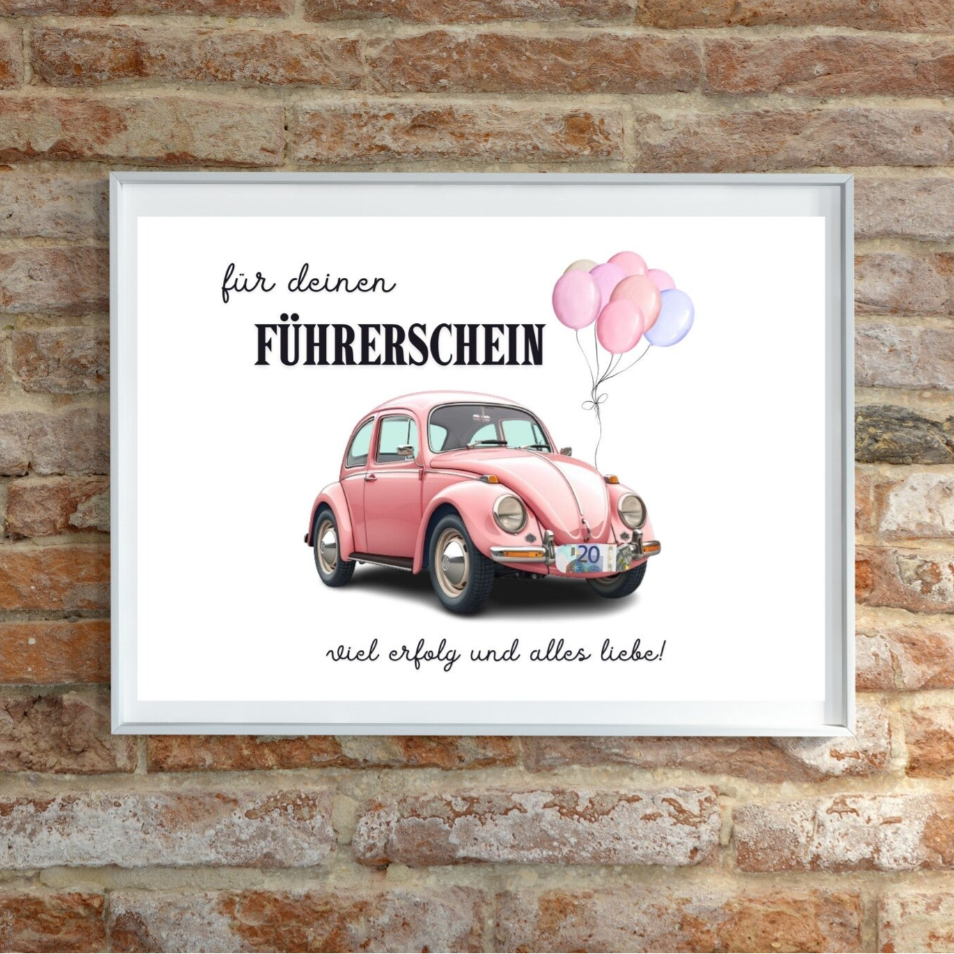 Geldgeschenk für Deinen Führerschein VW Käfer rosa Oldtimer Printable A4 Poster | Geld für Auto | DIY Vorlage Geschenk Inspiration | Sofort-Download png-Datei
