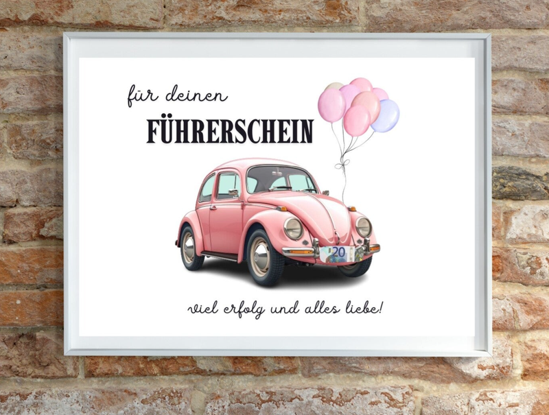 Geldgeschenk für Deinen Führerschein VW Käfer rosa Oldtimer Printable A4 Poster | Geld für Auto | DIY Vorlage Geschenk Inspiration | Sofort-Download png-Datei