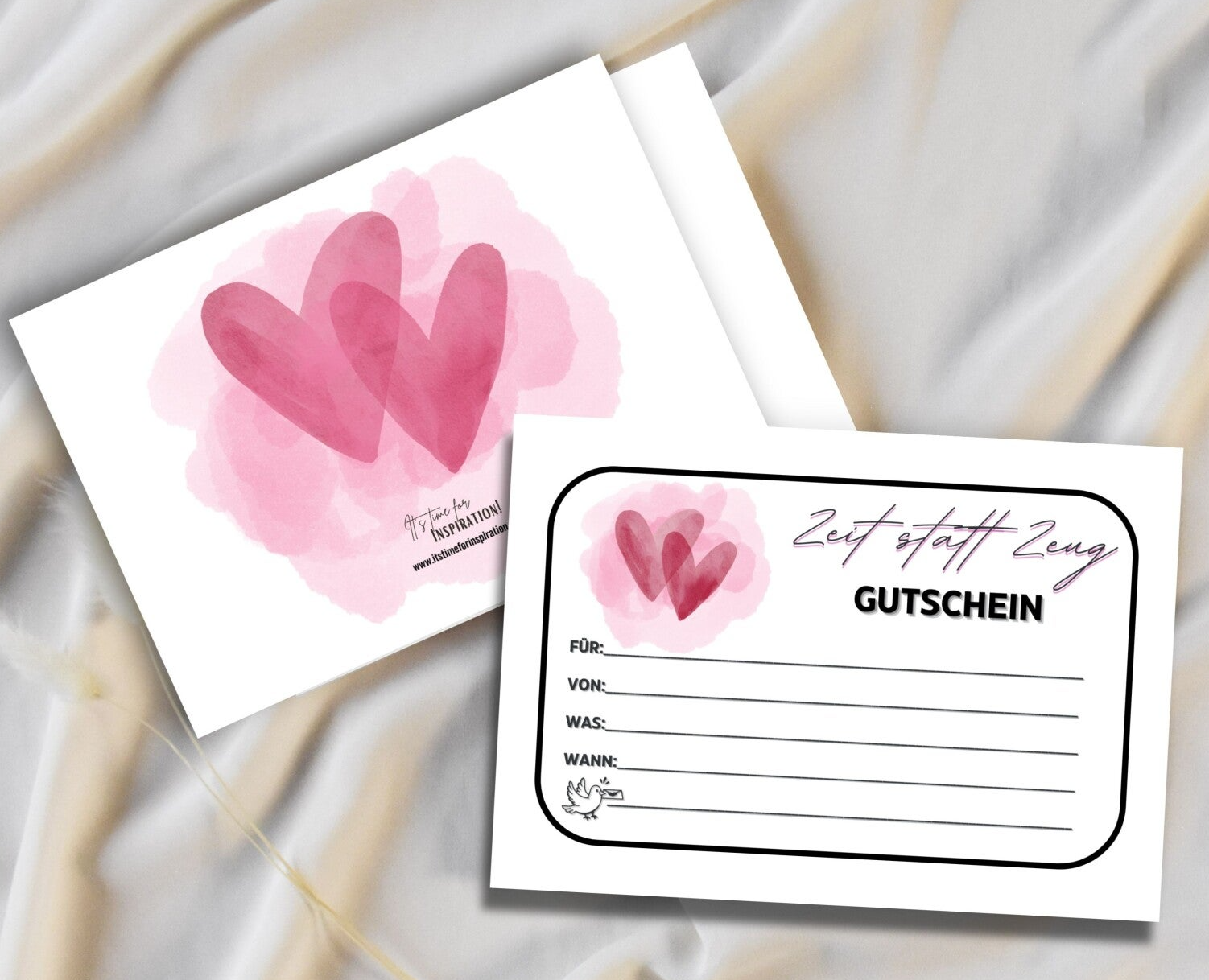 Zeit statt Zeug Gutschein für alle Anlässe & Unternehmungen | Herzen-Design A6 zum Ausdrucken 14,8 - 10,5 cm | DIY Gutscheinkarte selber basteln | einfaches Last-Minute-Geschenk | Vorlage Sofort-Download png-Datei