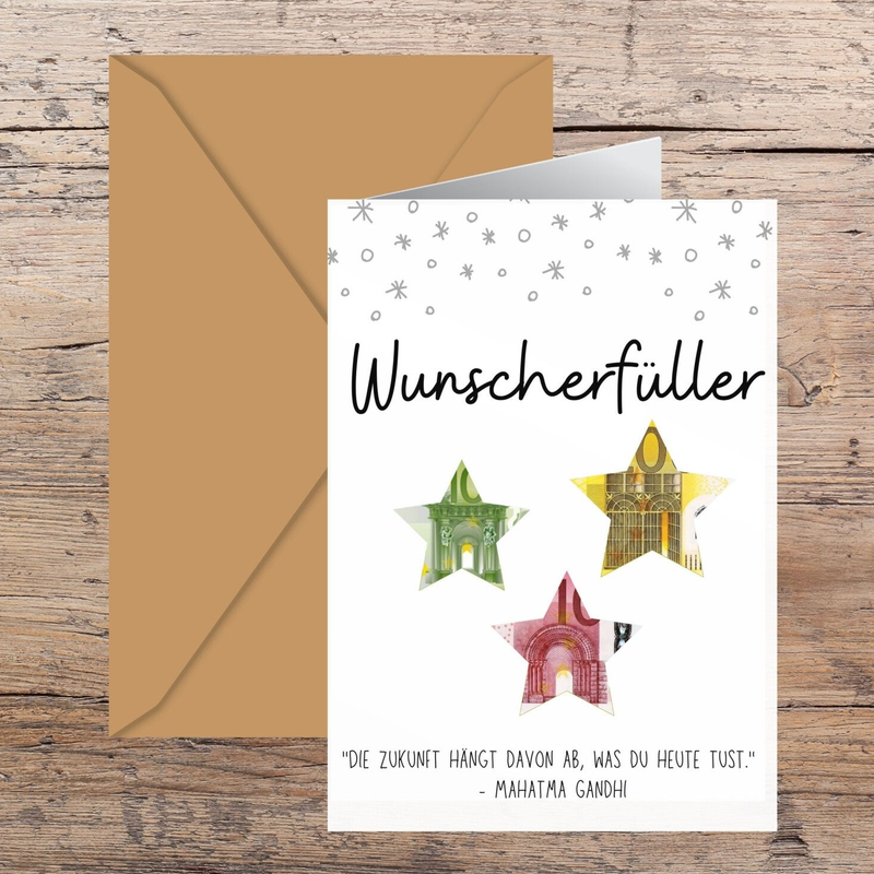 Wunscherfüller Sterne DIY Klappkarte zum Ausdrucken A6 - 14,8 cm x 21 cm | Motivationquote Zukunft Mahatma Gandhi Karte selber basteln | Grußkarte Last-Minute-Geschenk Sofort-Download pdf-Datei