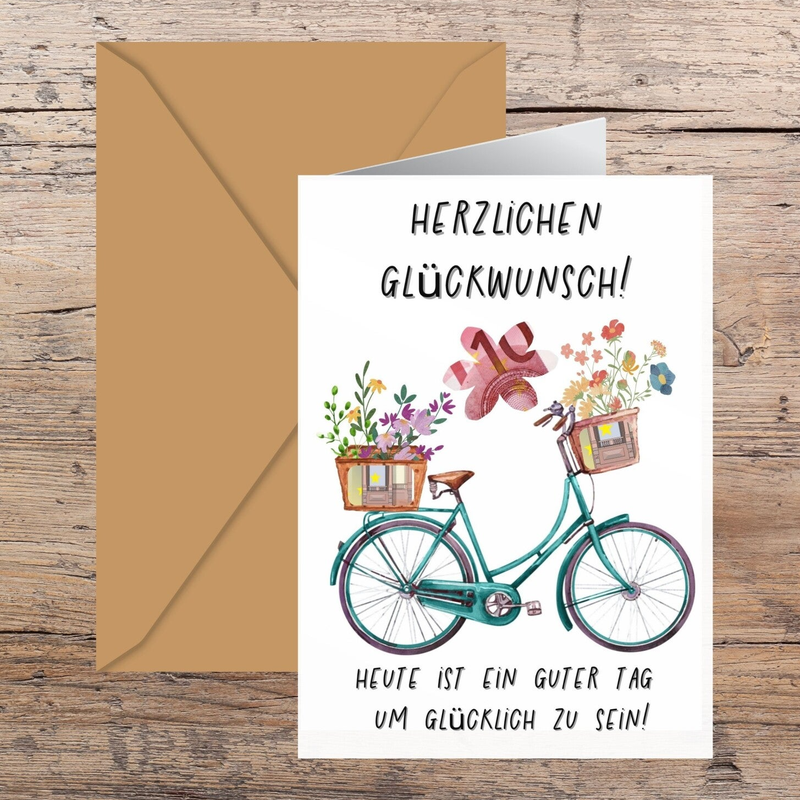 DIY Herzlichen Glückwunsch Grusskarte Fahrrad | Klappkarte zum Ausdrucken A6 | 14,8 cm x 21 cm | Karte selber basteln | für alle Anlässe Last-Minute-Geschenk | Sofort-Download pdf-Datei
