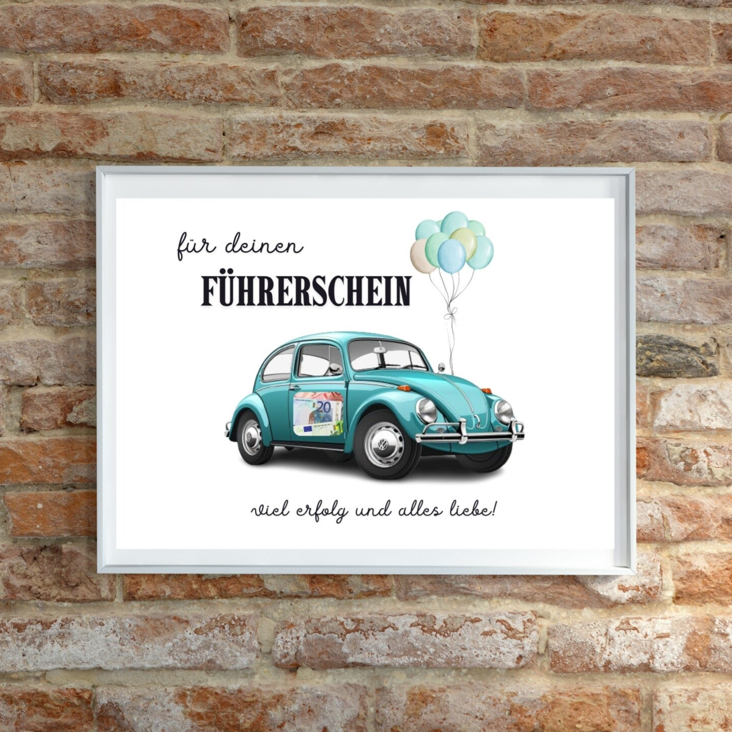 Geldgeschenk für Deinen Führerschein Printable A4 Poster | Geld für Auto | VW Käfer Oldtimer türkis | DIY Vorlage Geschenk Inspiration | Sofort-Download png-Datei