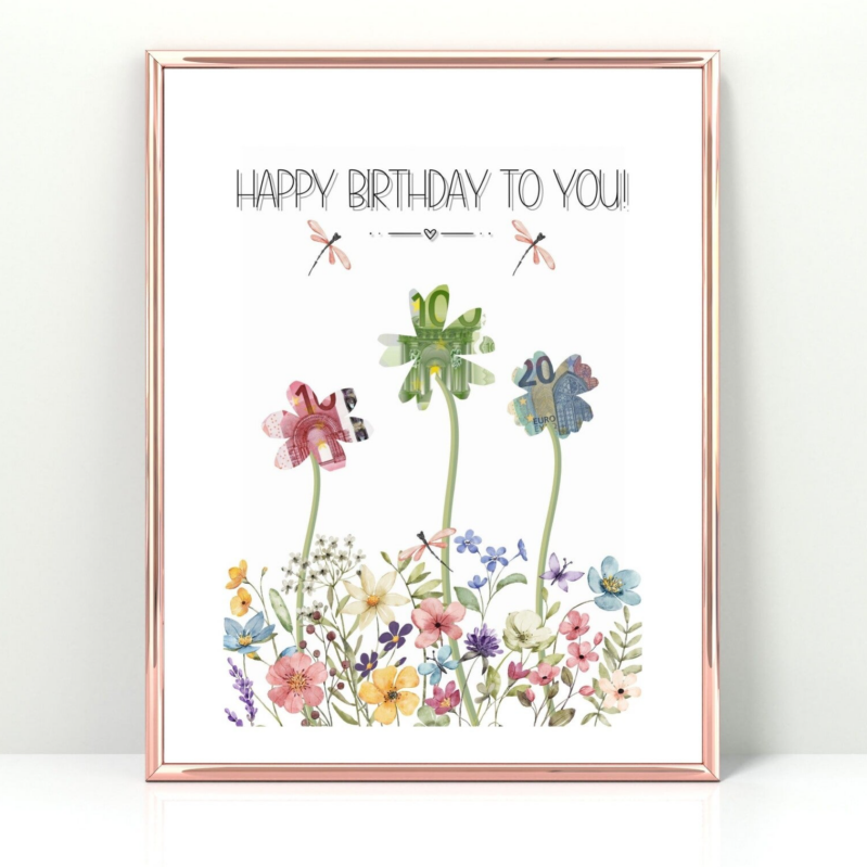 Geldgeschenk Happy Birthday to you! Blumenwiese A4 Poster | DIY-Geschenk zum Geburtstag | Geldgeschenkidee | Sofort-Download