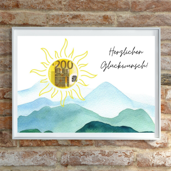 Herzlichen Glückwunsch Wanddeko | Geldgeschenk für verschiedene Anlässe | DIY Druckvorlage | Last-Minute Geburtstagsgeschenk für Frauen & Männer | Sonne & Berge A4 Poster | Sofort-Download png-Datei