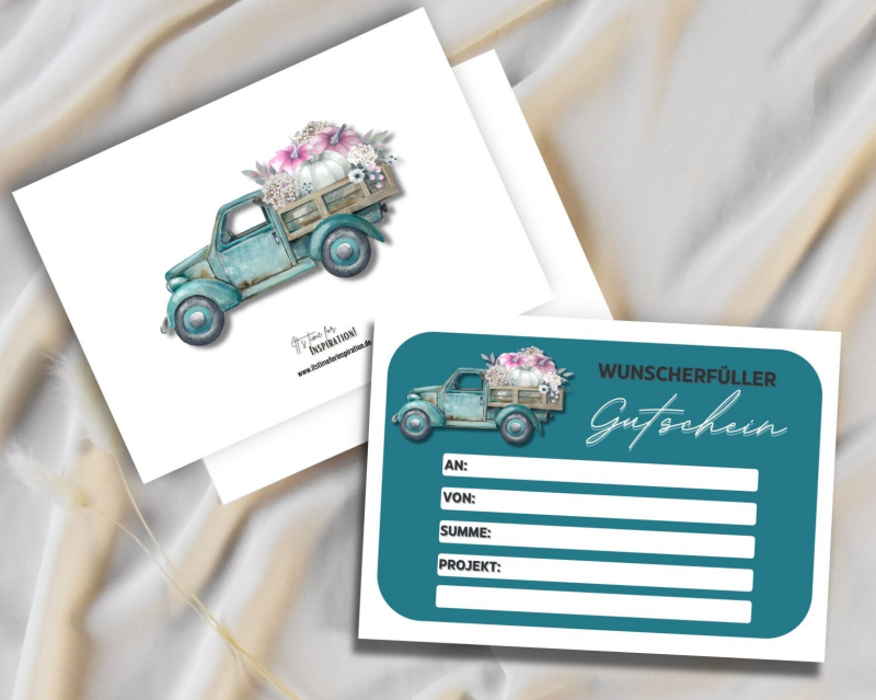 Gutschein für Führerschein & Auto Wunscherfüller zum Geburtstag Tankgutschein | Oldtimer-Truck-Design A6 zum Ausdrucken 14,8 - 10,5 cm | DIY Gutscheinkarte selber machen | Last-Minute-Geschenk | Druckvorlage Sofort-Download png-Datei
