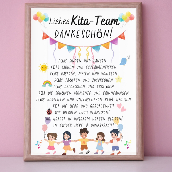 Kita-Team Abschiedsgeschenk | Dankeschön Poster Kindergarten | Geschenkidee Abschied von Kita und Erzieherin | Dankeschön Geschenke Inspiration | Sofort-Download png-Datei