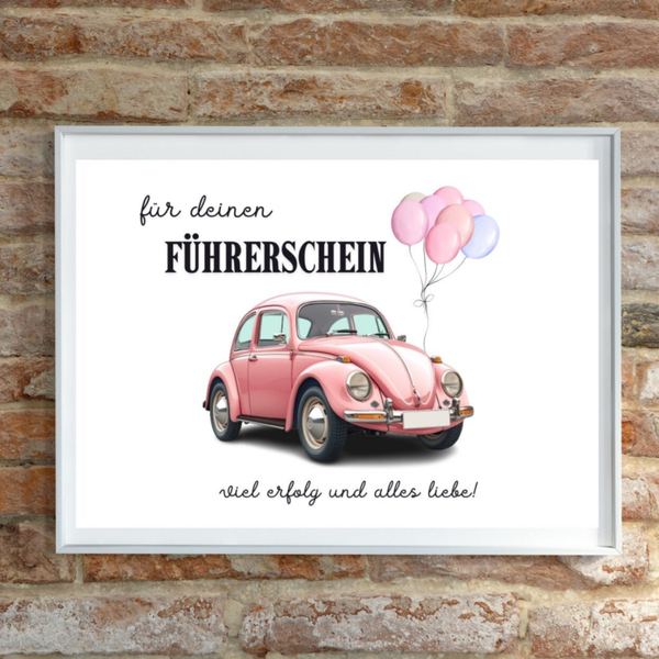 Geldgeschenk für Deinen Führerschein VW Käfer rosa Oldtimer Printable A4 Poster | Geld für Auto | DIY Vorlage Geschenk Inspiration | Sofort-Download png-Datei