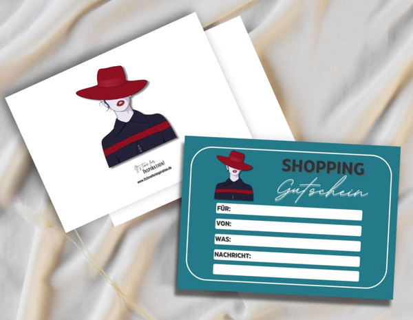 Shopping-Gutschein für alle Anlässe | Lady mit Hut-Design A6 zum Ausdrucken 14,8 - 10,5 cm | DIY Gutscheinkarte selber machen | Last-Minute-Geschenk | Vorlage Sofort-Download png-Datei