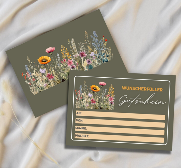 Gutschein für alle Anlässe Wunscherfüller | bunte Blumenwiese-Design A6 zum Ausdrucken 14,8 - 10,5 cm | DIY Gutscheinkarte selber basteln | Last-Minute-Geschenk zum Geburtstag | Vorlage Sofort-Download png-Datei