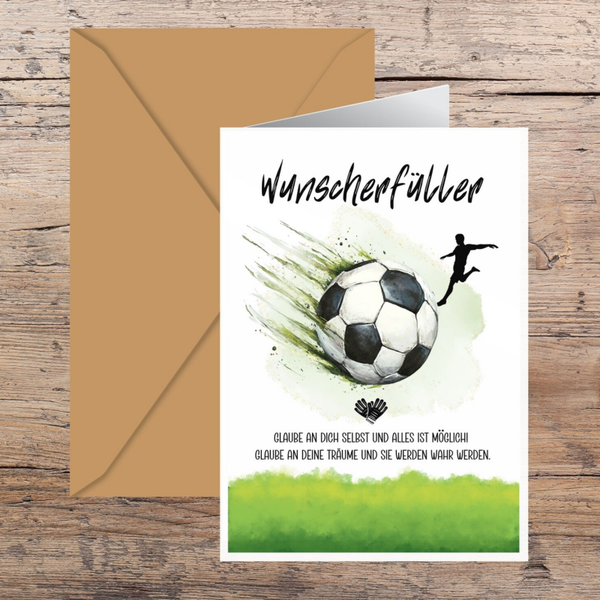 Fußball Wunscherfüller DIY Klappkarte Geldgeschenk | A6 Grusskarte zum Ausdrucken 14,8 cm x 21 cm | Karte selber basteln | Geschenk für Jungen & Fußballer | Last-Minute-Geburtstagsgeschenk Sofort-Download pdf-Datei