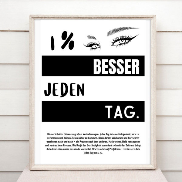 1 % besser jeden Tag! Motivationsposter Fitness Büro Business Persönlichkeitsentwicklung Poster A4 | Geburtstagsgeschenk | Wandbild für Home Office & Wohnräume modern & feminin | Schnelle Druckvorlage Sofort-Download png-Datei