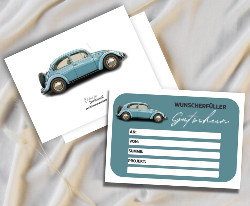 Gutschein Wunscherfüller Auto & Führerschein Tank | Oldtimer-Design A6 zum Ausdrucken 14,8 - 10,5 cm | DIY Gutscheinkarte selber basteln | Last-Minute-Geschenk | Vorlage Sofort-Download png-Datei
