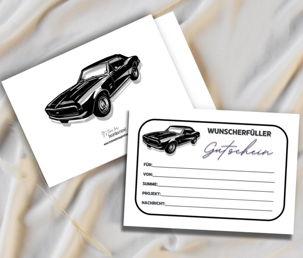 Wunscherfüller Gutschein zum Geburtstag für Auto Führerschein Tankgutschein | Oldtimer-Design A6 zum Ausdrucken 14,8 - 10,5 cm | DIY Gutscheinkarte selber basteln | Last-Minute-Geschenk | Vorlage Sofort-Download png-Datei