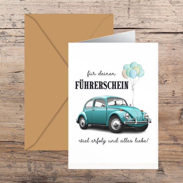 DIY Klappkarte Geldgeschenk Führerschein | VW Käfer  türkis | Geld für neues Auto | Grusskarte zum Ausdrucken 14,8 cm x 21 cm | Kreative Last-Minute-Geschenkidee | Geburtstagswünsche | Sofort-Download pdf-Datei