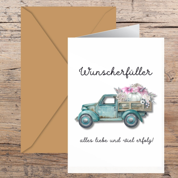 DIY Klappkarte Geldgeschenk für Führerschein & Auto | Oldtimer-Truck-Design türkis | Geburtstagskarte zum Ausdrucken 14,8 cm x 21 cm | Kreative Last-Minute-Geschenkidee | Geburtstagswünsche | Vorlage Sofort-Download pdf-Datei