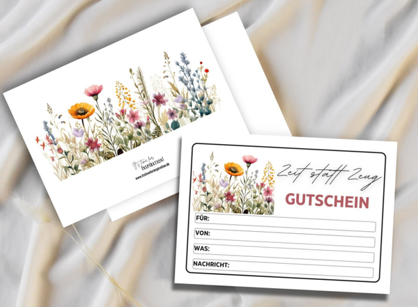 Zeit statt Zeug Gutschein für alle Anlässe | Wildblumen-Design A6 zum Ausdrucken 14,8 - 10,5 cm | DIY Gutscheinkarte selber basteln | Last-Minute-Geschenk für Frauen & Männer | Vorlage Sofort-Download png-Datei