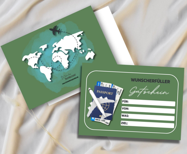 Reise Gutschein Wunscherfüller Geburtstagskarte | A6 zum Ausdrucken 14,8 - 10,5 cm | DIY Gutscheinkarte selber basteln | Last-Minute-Geschenk für alle Anlässe für Männer & Frauen | Druckvorlage Sofort-Download png-Datei